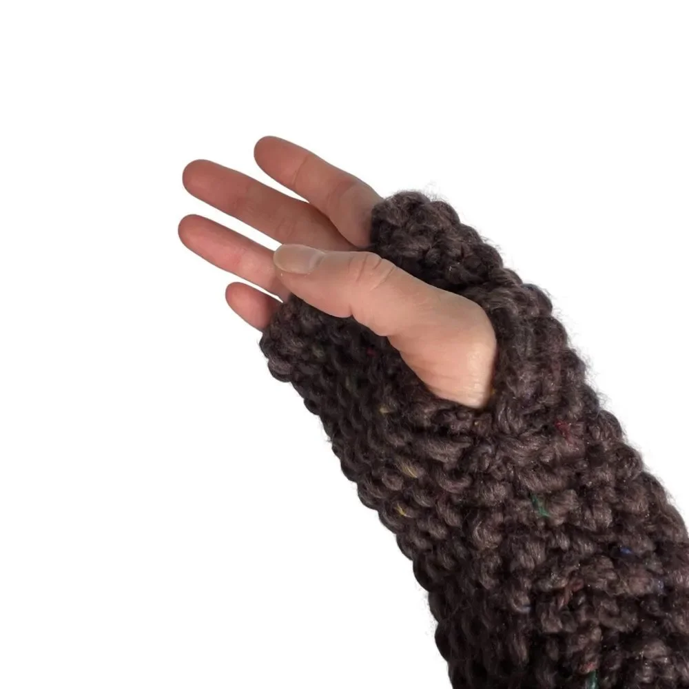 Brown Merino Wool Knit Mittens Hamdmade Chunky Knit Fingerless Gloves Thumbholes
